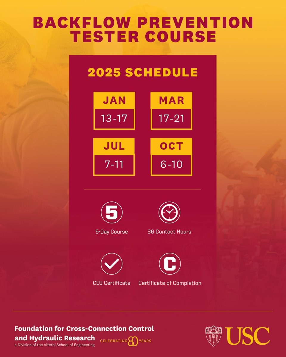 USCFCCCHR's tweet photo. 📅 Remaining 2025 USC Backflow Tester Course Dates 
We’ve had a great start to the year—here are the remaining opportunities in 2025 for the USC Course for the Training of Backflow Prevention Assembly Testers. 

Spots may be limited, so don’t wait to register! https://t.co/3RuLZ9XZWJ