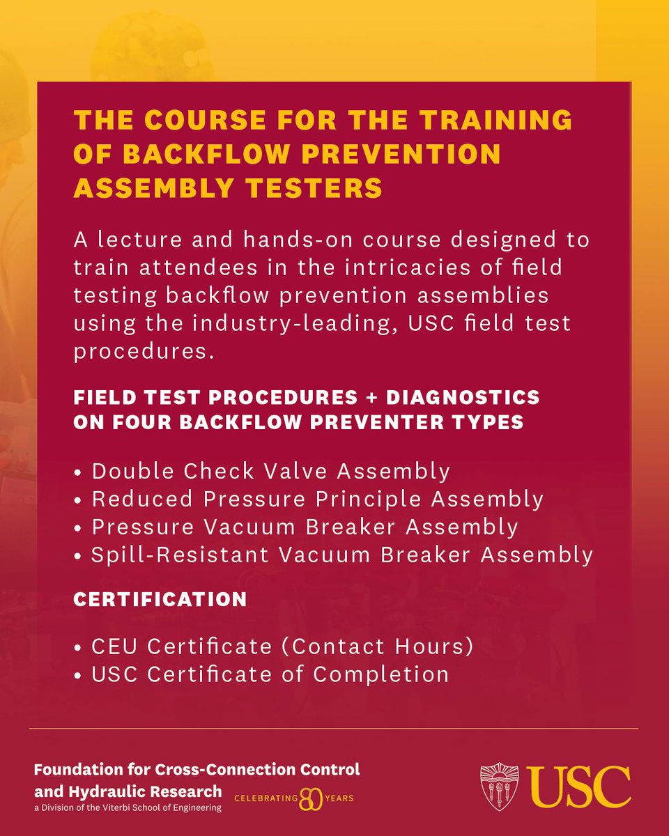 USCFCCCHR's tweet photo. 📅 Remaining 2025 USC Backflow Tester Course Dates 
We’ve had a great start to the year—here are the remaining opportunities in 2025 for the USC Course for the Training of Backflow Prevention Assembly Testers. 

Spots may be limited, so don’t wait to register! https://t.co/3RuLZ9XZWJ