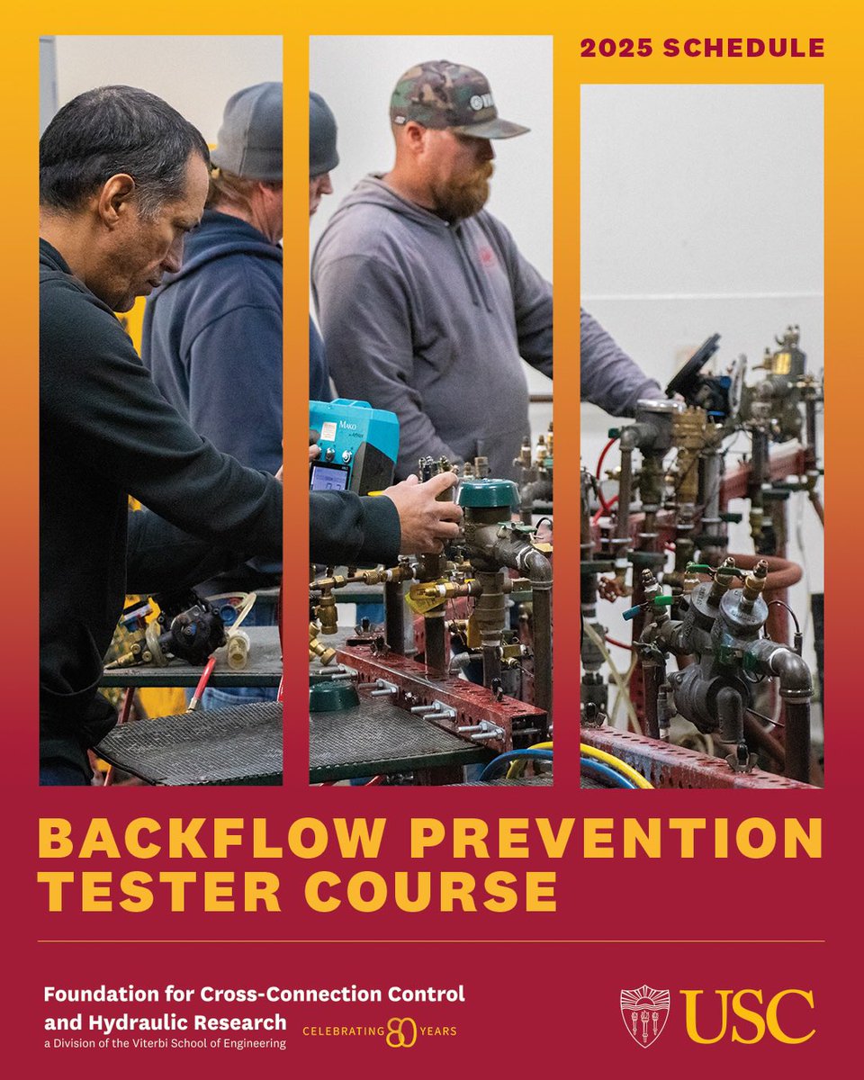 USCFCCCHR's tweet photo. 📅 Remaining 2025 USC Backflow Tester Course Dates 
We’ve had a great start to the year—here are the remaining opportunities in 2025 for the USC Course for the Training of Backflow Prevention Assembly Testers. 

Spots may be limited, so don’t wait to register! https://t.co/3RuLZ9XZWJ