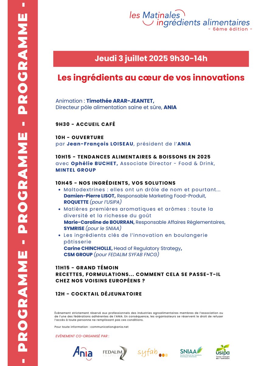 ANNONCE | Le programme de la 6ème édition des Matinales Ingrédients Alimentaires est dévoilé
📆3 juillet 2025 : 9h30-14h
🚩Paris
🧐 "Les ingrédients au cœur de vos innovations"

➡️forms.gle/eGYmHk7nLUpseX…
(⚠ Réservé aux adhérents)