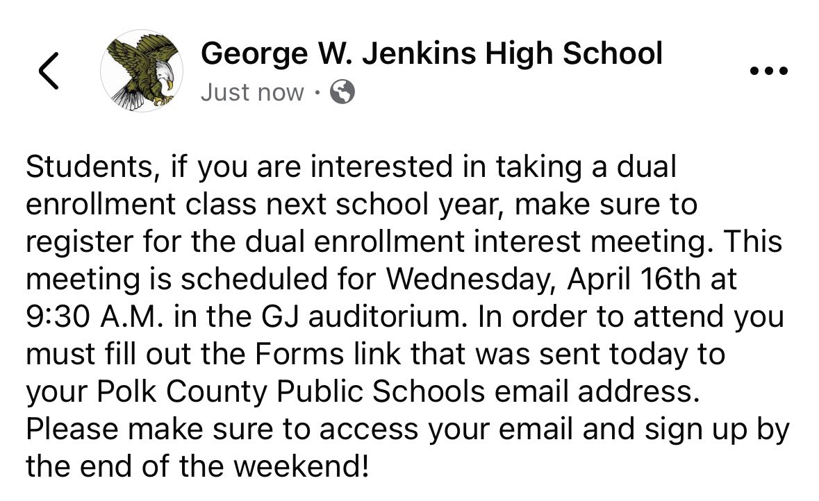 Please note the important info below if you are interested in taking a Dual Enrollment class next year!