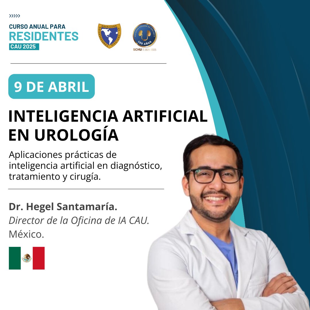 Oficina Residentes CAU (@residentescau) on Twitter photo ¡Mañana continúa el curso académico para residentes <a href="/CAU_URO/">Confederación Americana de Urología (CAU)</a>!
🗓️ 9 de abril
⏰19.30 hs. (CHI)
📝 Inteligencia artificial en urología
🧑🏽⚕️ Dr. Hegel Santamaría
¡No te lo pierdas! Es GRATIS y OnDemand. ¡Inscríbete ya! educacion.caunet.org/course/4/about ¡Mañana continúa el curso académico para residentes <a href="/CAU_URO/">Confederación Americana de Urología (CAU)</a>!
🗓️ 9 de abril
⏰19.30 hs. (CHI)
📝 Inteligencia artificial en urología
🧑🏽⚕️ Dr. Hegel Santamaría
¡No te lo pierdas! Es GRATIS y OnDemand. ¡Inscríbete ya! educacion.caunet.org/course/4/about