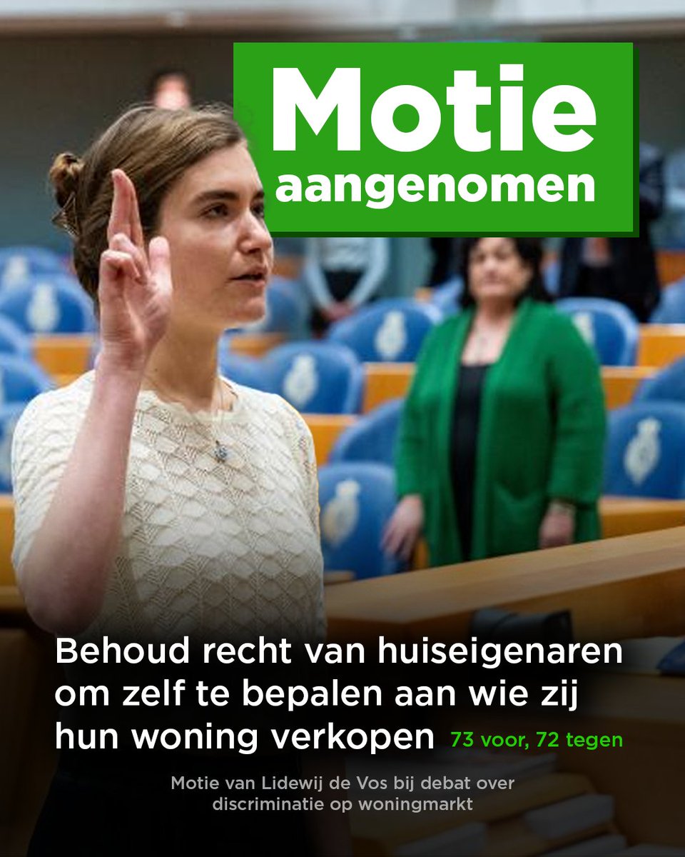 fvdemocratie's tweet photo. Het debat over discriminatie op de woningmarkt baart FVD grote zorgen. Als woningeigenaren niet zélf mogen bepalen aan wie zij - om welke reden dan ook - hun eigendom willen verkopen of verhuren, wie gaat dat dan doen? 

Er kunnen tal van redenen zijn om iemand wel of niet een woning te gunnen. Dankzij de motie van @lidewij_devos blijft de keuzevrijheid van verkopende of verhurende partijen behouden.