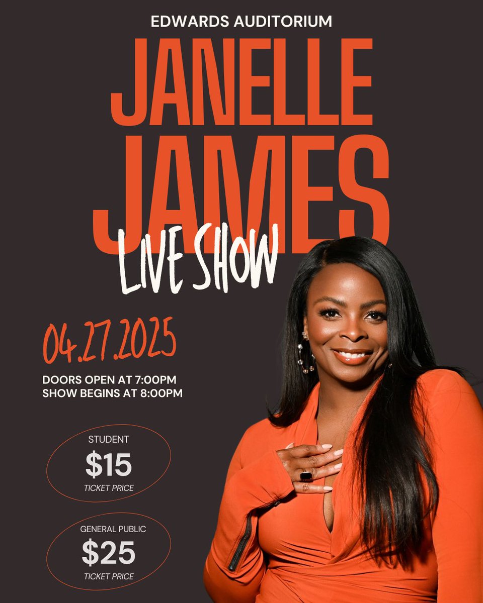 THE URI STUDENT ENTERTAINMENT COMMITTEE PRESENTS
An Evening with Janelle James!
SUNDAY, APRIL 27TH 2025

7:00 PM DOORS OPEN | 8:00 PM SHOW

Edwards Auditorium
Tickets On Sale: Thursday, April 10th at 10am
Ticket Link:
uritix.evenue.net/events/JANELLE?