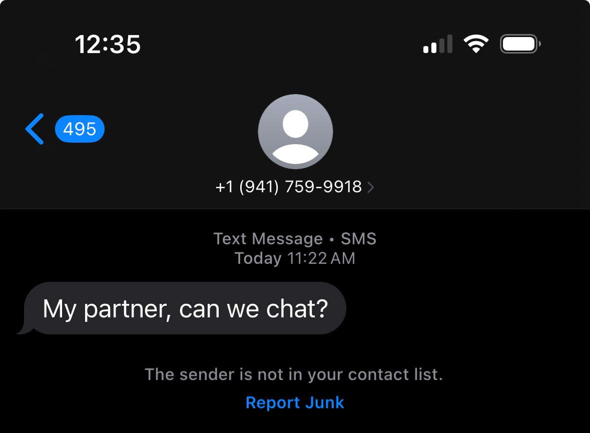 kylietcheung's tweet photo. The cure to the male loneliness epidemic is obvious spam texts calling you "my partner" https://t.co/XTsPFvkKoW