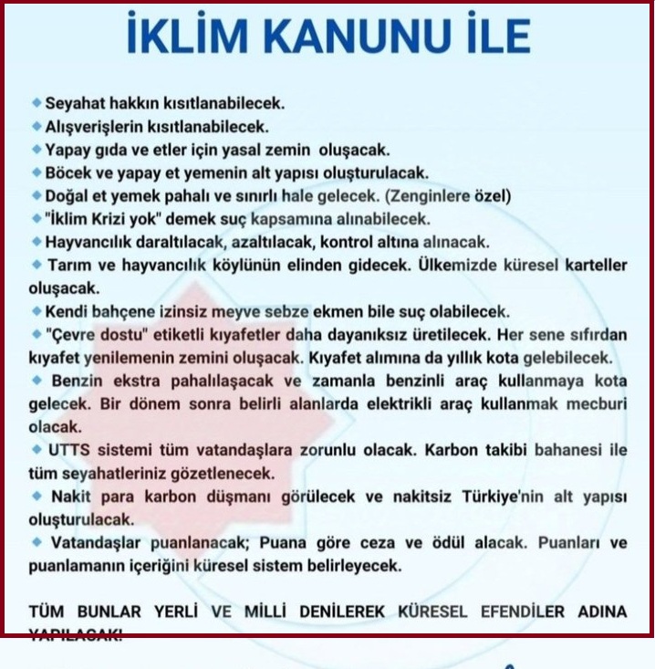 Metal60Rock's tweet photo. #iklimkanununahayır ✊️
Karbon ayak izi adı altında;
Evinize
Arabanıza
Banka hesaplarınıza
Çocuklarınıza
Gıdanıza
İçme suyunuza
Ayda bir kere banyo yapmak için Banyo suyunuza el konulduğunda, evinizde saksıda çiçek yetiştirmeniz yasaklandığında ANLAYACAKSINIZ. https://t.co/mRyfq0Zkck