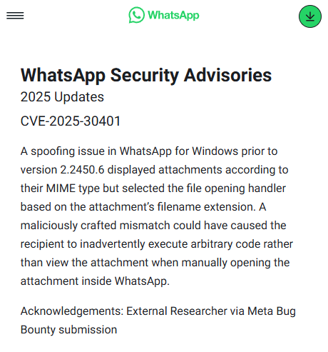 🛡️¿Usas WhatsApp en Windows para compartir archivos? Podrías infectarte de malware sin saberlo

Meta confirmó una vulnerabilidad en WhatsApp para Windows (CVE-2025-30401). 

Permite ejecutar código malicioso si se abre un archivo con extensión manipulada.

📎 El fallo permitía