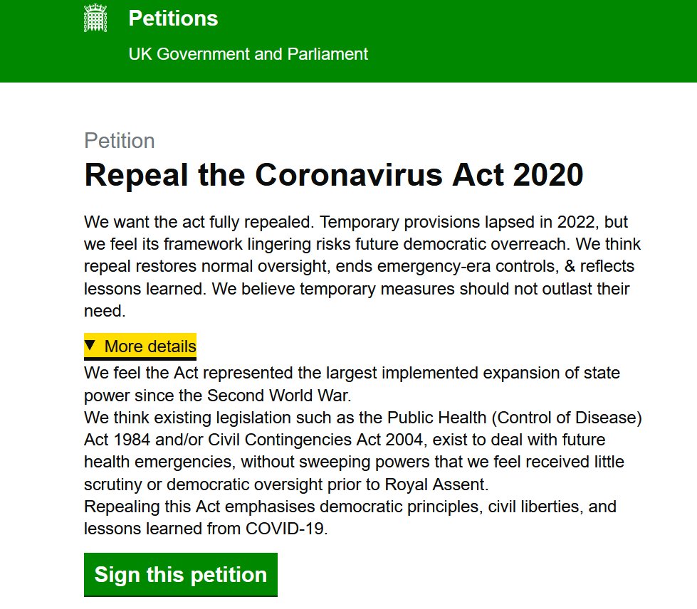 org_scp's tweet image. 🚨 REPEAL THE CORONAVIRUS ACT 2020 🚨
It's time to have a national conversation on fully repealing Coronavirus legislation from the UK statute book.
We need 100,000 signatures to get this topic debated at Westminster Hall.
PLEASE SIGN AND SHARE! ⤵️
petition.parliament.uk/petitions/7218…