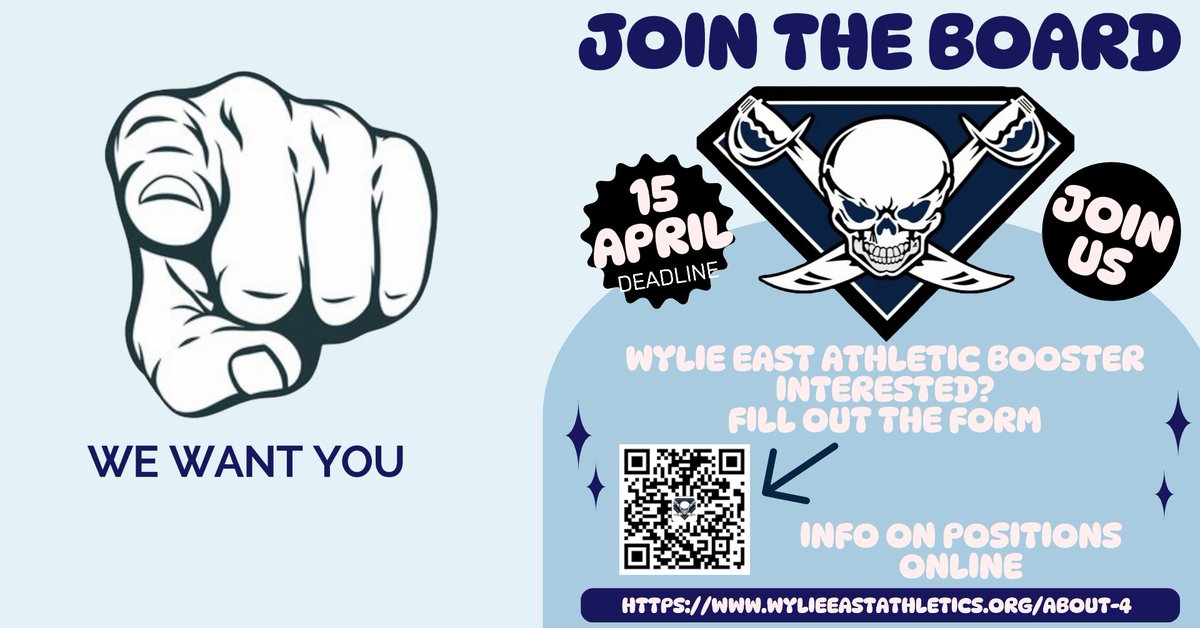 Join our board! We want you to join us on our Wylie East Athletic Booster Board. Scan our code or visit : wylieeastathletics.org/about-4 to learn more!