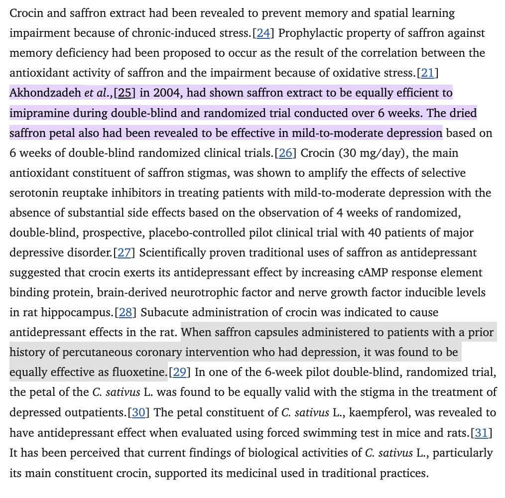 bensmithlive's tweet photo. 1) Multiple randomised controlled trials have shown saffron (30mg daily) is AS EFFECTIVE AS PROZAC for treating mild-to-moderate depression.

With a crucial difference: no sexual dysfunction, no weight gain, and no emotional blunting. https://t.co/gZwytlToy9