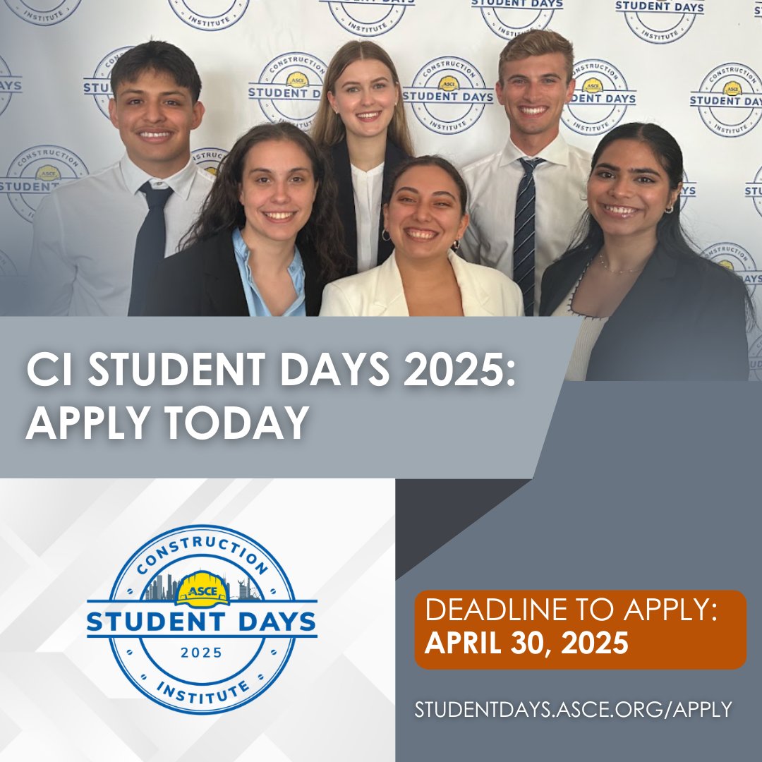 🚧 This is it — last call! CI Student Days 2025 applications close TOMORROW April 30.
Don’t miss your chance to stand out, solve real problems, and shine in front of industry pros.
Submit your app today — future you will thank you: studentdays.asce.org/apply
 #CIStudentDays2025
