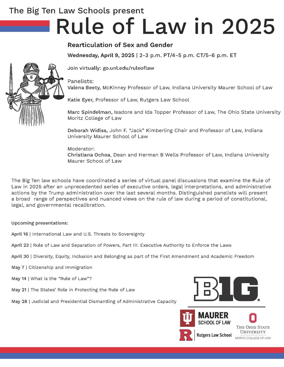 IUMaurerLaw (@iumaurerlaw) on Twitter photo Tomorrow: The B10 Law Schools' "Rule of Law in 2025" series continues with a discussion on the "Rearticulation of Sex and Gender." Valena Beety, Deb Widiss, <a href="/RutgersLaw/">Rutgers Law ⚖️</a>'s Katie Eyer, and <a href="/OhioStateLaw/">The Ohio State University Moritz College of Law</a>'s Marc Spindelman. Moderated by Christiana Ochoa. go.unl.edu/ruleoflaw Tomorrow: The B10 Law Schools' "Rule of Law in 2025" series continues with a discussion on the "Rearticulation of Sex and Gender." Valena Beety, Deb Widiss, <a href="/RutgersLaw/">Rutgers Law ⚖️</a>'s Katie Eyer, and <a href="/OhioStateLaw/">The Ohio State University Moritz College of Law</a>'s Marc Spindelman. Moderated by Christiana Ochoa. go.unl.edu/ruleoflaw