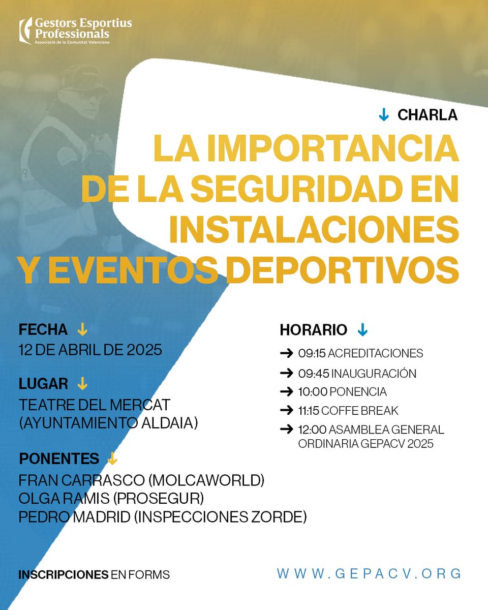 🔐 Charla: La seguridad en instalaciones y eventos deportivos
📅 12/04/25 – 📍Teatre del Mercat (Aldaia)

☕ Coffee break 

🗳️ Asamblea GEPACV (solo asociad@s)
📲 Inscríbete en 👉 docs.google.com/forms/d/1tMuBt…