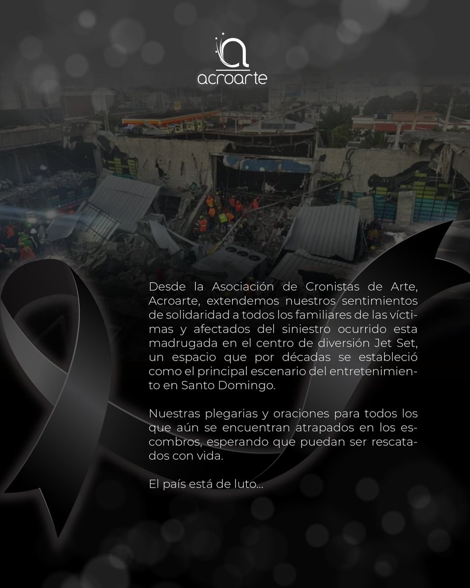 Desde Acroarte extendemos nuestros sentimientos de solidaridad a todos los familiares de las víctimas y afectados del siniestro en el centro de diversión Jet Set.

#TragediaJetSet