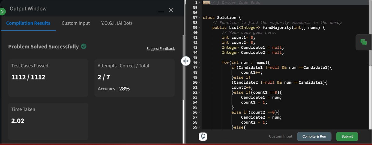 choudharyAkashh's tweet image. Day 6/160
#GFG 160 Days of Problem-Solving Journey! 🎯💻
Today, I solved my 6ᵗʰ problem — "Majority Element II" ✅
Another step closer to mastering DSA. Let's keep the momentum going! 💪🚀
#Coding #ProblemSolving #DSA
#GeeksForGeeks @geeksforgeeks