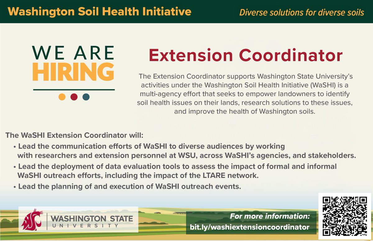 Washington Soil Health Initiative (@wasoilhealth) on Twitter photo 🚨1 Week Left to Apply!🚨
Are you passionate about sustainable agriculture, soil health, & community outreach? Join our team as our next Extension Coordinator Senior. <a href="/wsuCSANR/">Center for Sustaining Ag & Natural Resources</a>
🗓️Application Deadline: April 15, 2025
APPLY HERE: tinyurl.com/44wvh7jz #SoilHealth #SustainableAg 🚨1 Week Left to Apply!🚨
Are you passionate about sustainable agriculture, soil health, & community outreach? Join our team as our next Extension Coordinator Senior. <a href="/wsuCSANR/">Center for Sustaining Ag & Natural Resources</a>
🗓️Application Deadline: April 15, 2025
APPLY HERE: tinyurl.com/44wvh7jz #SoilHealth #SustainableAg
