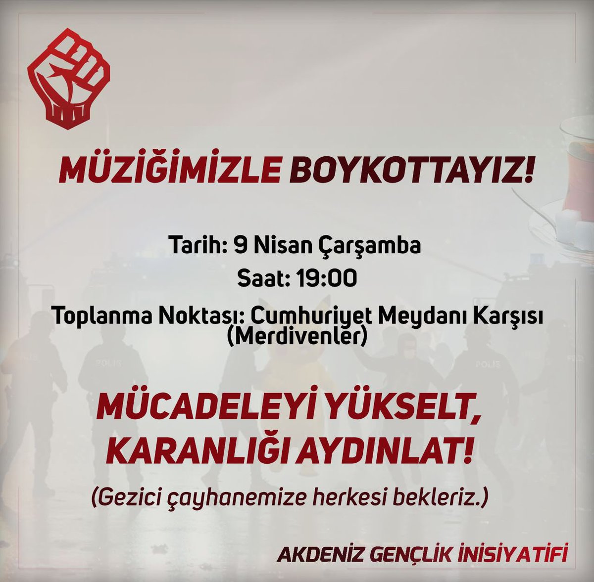 9 Nisan 2024 Yarın,

Cumhuriyet Meydanı karşısındaki merdivenlerde buluşalım

İçeceğini, müziğini al gel.

Boykot gününde de müziklerle, sohbetlerle bir aradalığımızı koruyalım.