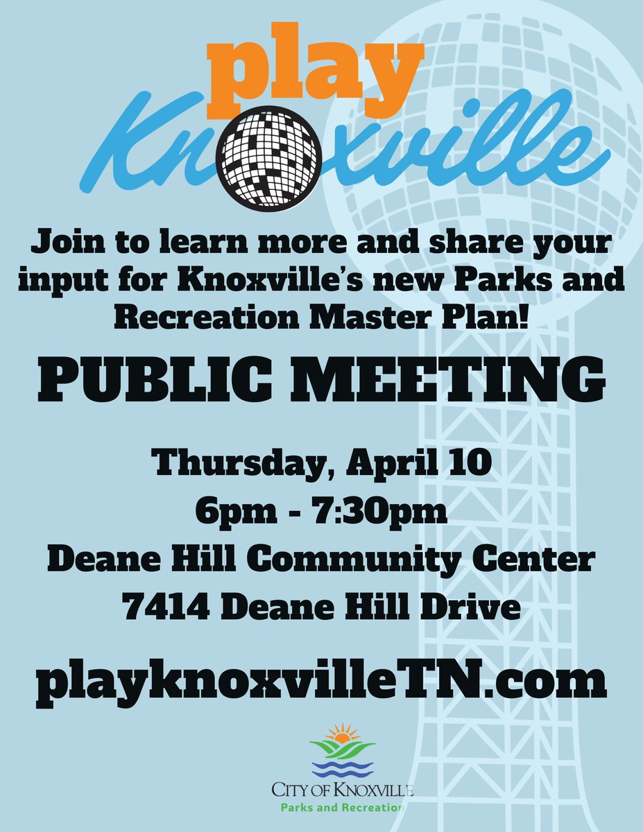 Your input is needed to shape the future of Knoxville's parks and recreation system throughout a 10-month community planning process to identify our city's recreation needs &amp; create a shared vision for improvement at a public meeting on Thursday, April 10th. Hope you can join us!