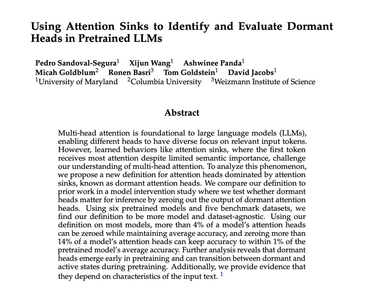 Attention sinks in LLMs are weird. There’s ~20% of heads that don’t seem to do anything.

Do these heads matter? Turns out that if we get rid of them, benchmark scores don’t change.