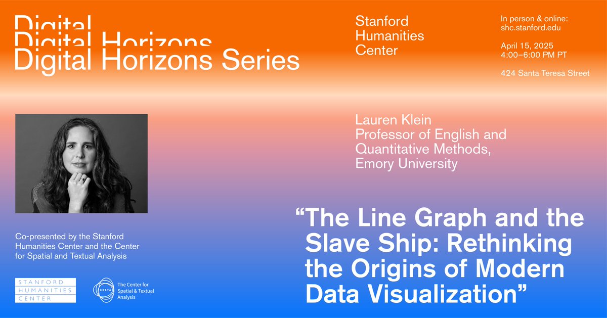 🗓️ One week from today—Apr 15 at 4PM PDT—join Emory University's Lauren Klein for her lecture, which examines the eighteenth-century origins of modern data visualization. 

➡️ stanford.io/3XKePcW