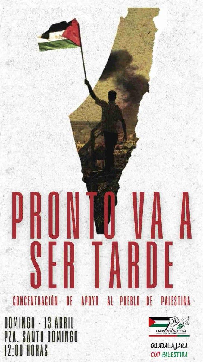 Os esperamos en la concentración del día 13 de abril a las 12:00 h para defender al pueblo palestino.
“Pronto va a ser tarde”.