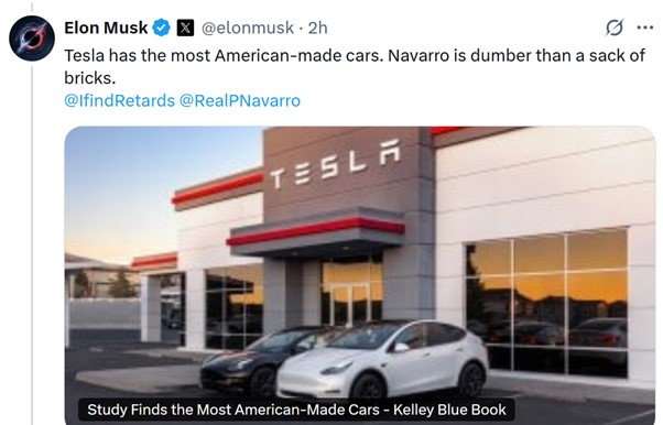 Parody_PM's tweet photo. Elon Musk just called Trump’s tariff advisor, Peter Navarro, “dumber than a sack of bricks” and said he should consult the made up expert he cites in all his books, Ron Vara (anagram of Navarro). Time to get the popcorn in I think… 😆 https://t.co/r3PV1OyCN1