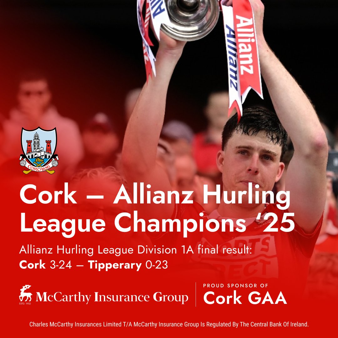As proud sponsors of @officialcorkgaa, we at McCarthy Insurance Group wish to congratulate them on their outstanding Allianz Hurling League final victory over Tipperary. 

The Rebels dominated the game, with a final score of 3-24 to 0-23. A fantastic achievement!

[AD]