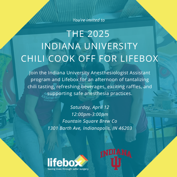 Lifebox (@safersurgery) on Twitter photo 🌶️ THIS SATURDAY in Indianapolis! Don’t miss <a href="/IndianaUniv/">Indiana University</a> 's 2nd Annual Chili Cook-Off for Lifebox!
📅 April 12 | 🕐 12-3 PM
📍 Fountain Square Brewery
Help top last year’s 7k for safe anesthesia!
Donate: donate.lifebox.org/campaign/2025-… 🌶️ THIS SATURDAY in Indianapolis! Don’t miss <a href="/IndianaUniv/">Indiana University</a> 's 2nd Annual Chili Cook-Off for Lifebox!
📅 April 12 | 🕐 12-3 PM
📍 Fountain Square Brewery
Help top last year’s 7k for safe anesthesia!
Donate: donate.lifebox.org/campaign/2025-…
