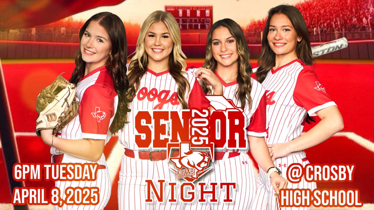 🎓🥎2025 Senior Night🥎🎓
🗓 Tuesday April 8,  2025
🏟 Crosby HS
🆚 Pasadena HS
🕢 JV 5:00/Varsity 6:30
👏🏻 Come cheer on ur COOGS!
🎉 Pregame starts around 6:15