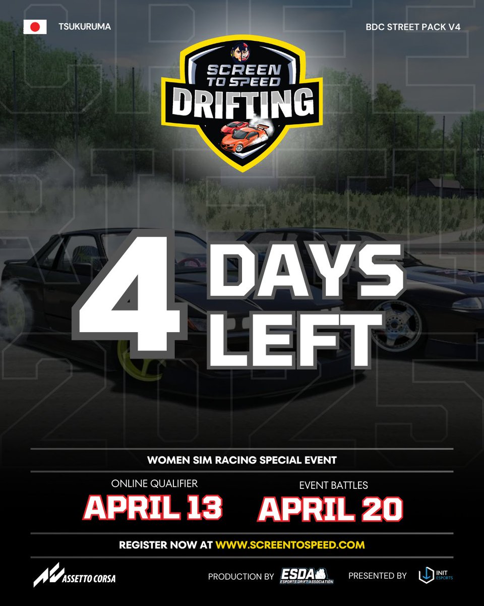 screentospeed's tweet photo. 4 DAYS TO GO! 🏁🔥
The countdown is ON for the Screen to Speed Drifting Online Qualifiers!
⏰ April 13, 2025 – don’t miss it!
#ScreenToSpeed #SimRacing #DriftSeason #INITTalks #Motorsports #Gaming #DriftingCommunity https://t.co/slVNloFJWf