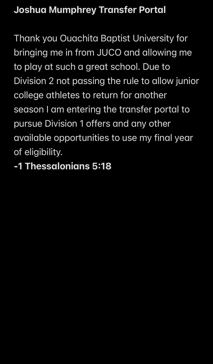 JoshMumphrey's tweet photo. Thank you Coach Knight and all the staff at Ouachita Baptist University for allowing me to be apart of the family! Looking forward to what God has in store for me in the future. With that being said I will be entering my name into the transfer portal https://t.co/CmaptTyib3