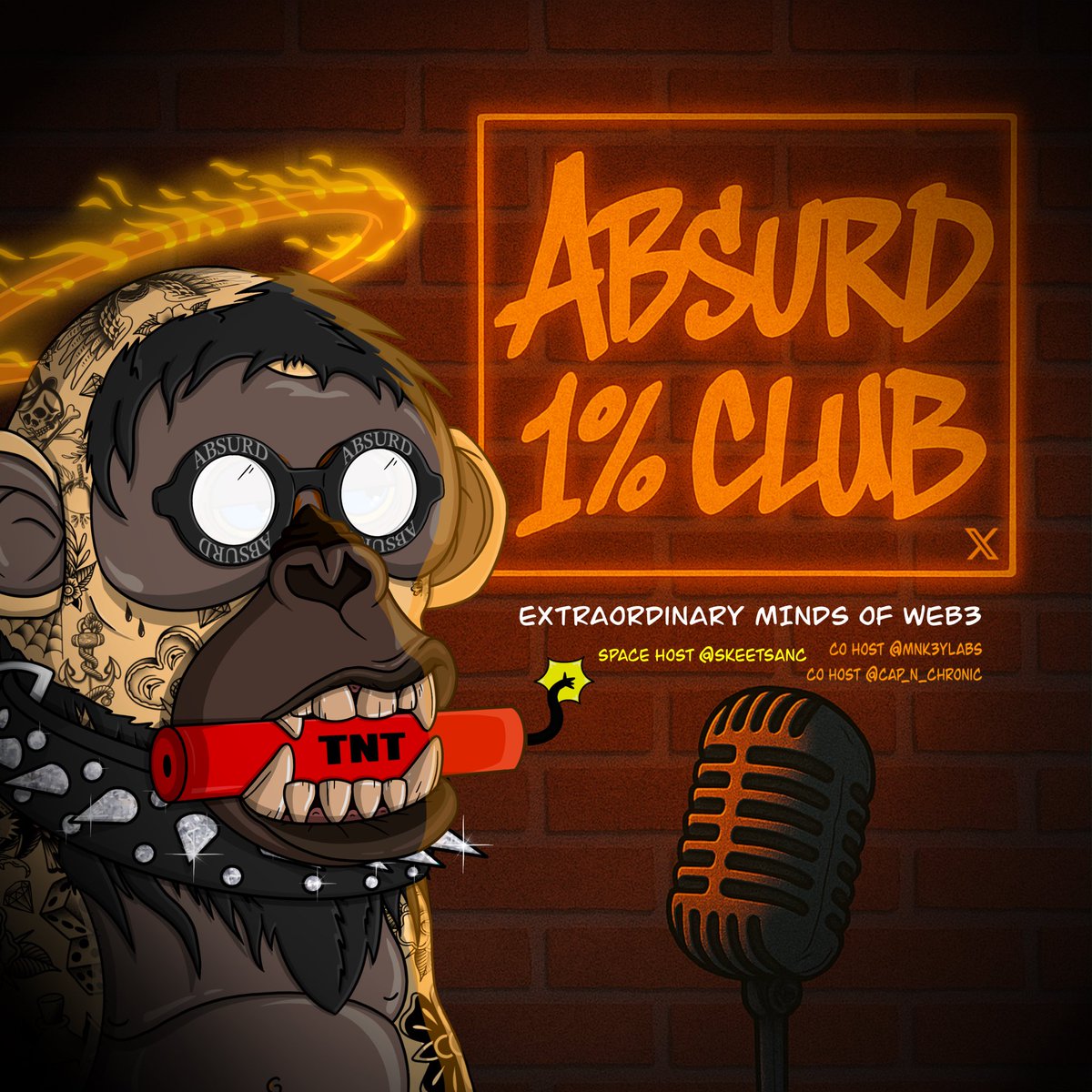 🎙️ABSURD 1% CLUB 🎙️ 

Host <a href="/SkeetsANC/">Skeets🎨(1%)</a> 
Co host <a href="/mnk3ylabs/">MNK3YS</a> 

Join us 🎙️ 

Special guests ⬇️ 

⭐️ <a href="/giraffetowernft/">Giraffe</a> w <a href="/JoeMG2018/">Papá Joe (Oi Agent)</a> 
⭐️ <a href="/Companeons/">COMPANEONS NFTS | MINT LIVE</a> 
⭐️ <a href="/Inky_Token/">Inky Token</a> 
⭐️ <a href="/Chainflu3nce/">ChainFlu3nce</a> 

Sponsors
<a href="/peculiarsinc/">PECULIARS</a> 
<a href="/CroutonJonesCJT/">Crouton Jones</a> 
<a href="/LunardollzNft/">✨The LunarVerse ☄️</a> 

1%

🔔 ⬇️ 
x.com/i/spaces/1YpJk…
⬆️