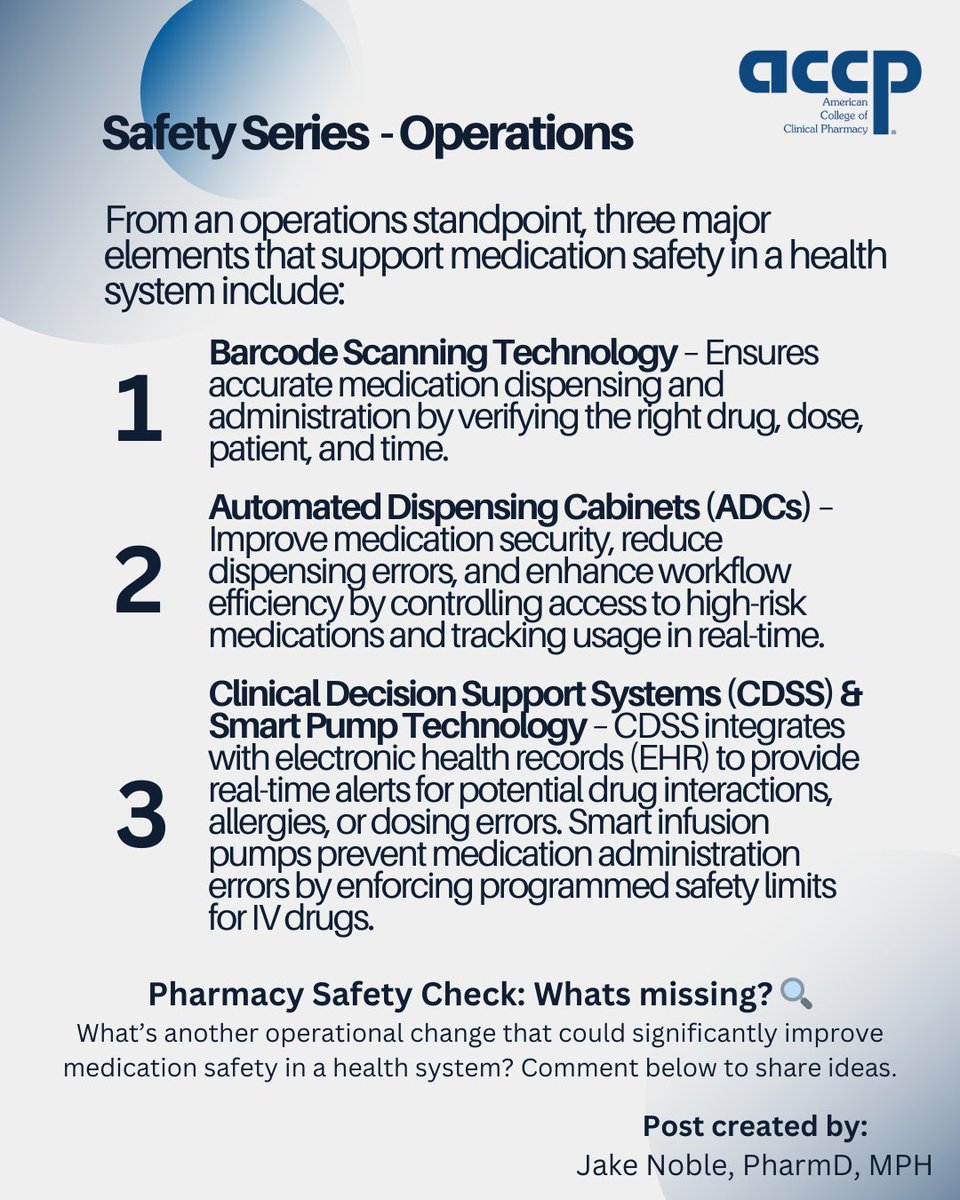 accpcadmprn's tweet photo. Continuing with our Safety Series, here are three key elements that support medication safety in a health system. 

What's another operational change that could significantly improve medication safety in a health system? 👇

#MedicationSafety #PatientSafety #ACCP https://t.co/3euBoRUNj8