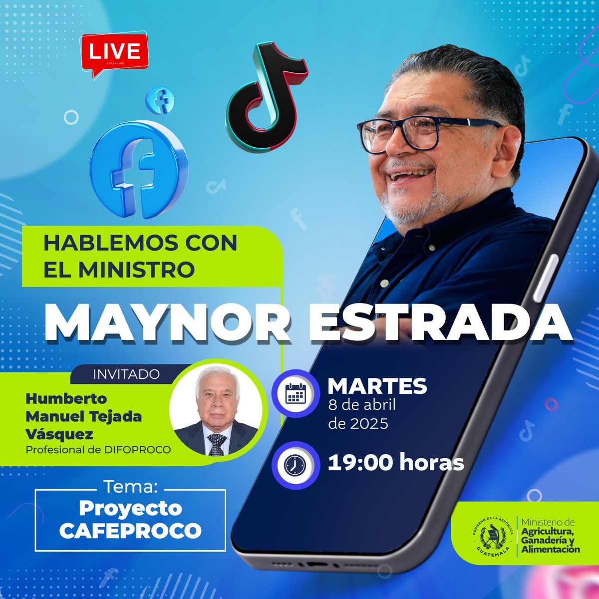 🎙️En el live de esta noche hablaremos sobre el Proyecto CAFEPROCO, acompáñenme a través de las redes sociales del <a href="/MagaGuatemala/">MAGA Guatemala</a>.

📷19:00 horas
