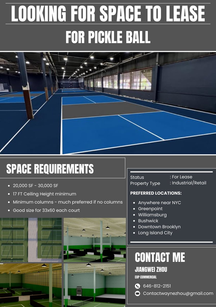 JiangWayneZhou's tweet photo. 🏓 Looking for a Space to Lease for Pickleball!
We're actively searching for a 20,000 – 30,000 SF 

✅ 17+ FT Ceiling Height
✅ Minimal columns
✅ Ideal court size: 33x60 ft
📍 Preferred areas: Greenpoint, Williamsburg, Bushwick, Downtown Brooklyn, Long Island City &amp; nearby! https://t.co/cssAUMX4i3
