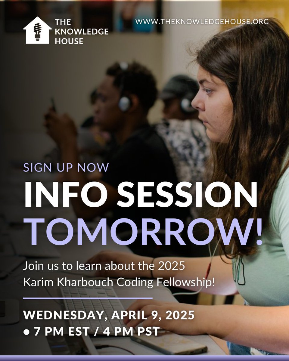 TheKnowledgeHou's tweet photo. ⏰ Reminder: #KKCF #InfoSession Tomorrow!

Curious about the Karim Kharbouch #Coding Fellowship? 💻 Join us to learn how this free #TechProgram is helping #HighSchoolStudents jumpstart careers in #tech!

🗓 Wednesday, April 9, 2025 - 7 PM EST / 4 PM PST
📍 https://t.co/F1iwN54KMM https://t.co/coUnhG2Pb1
