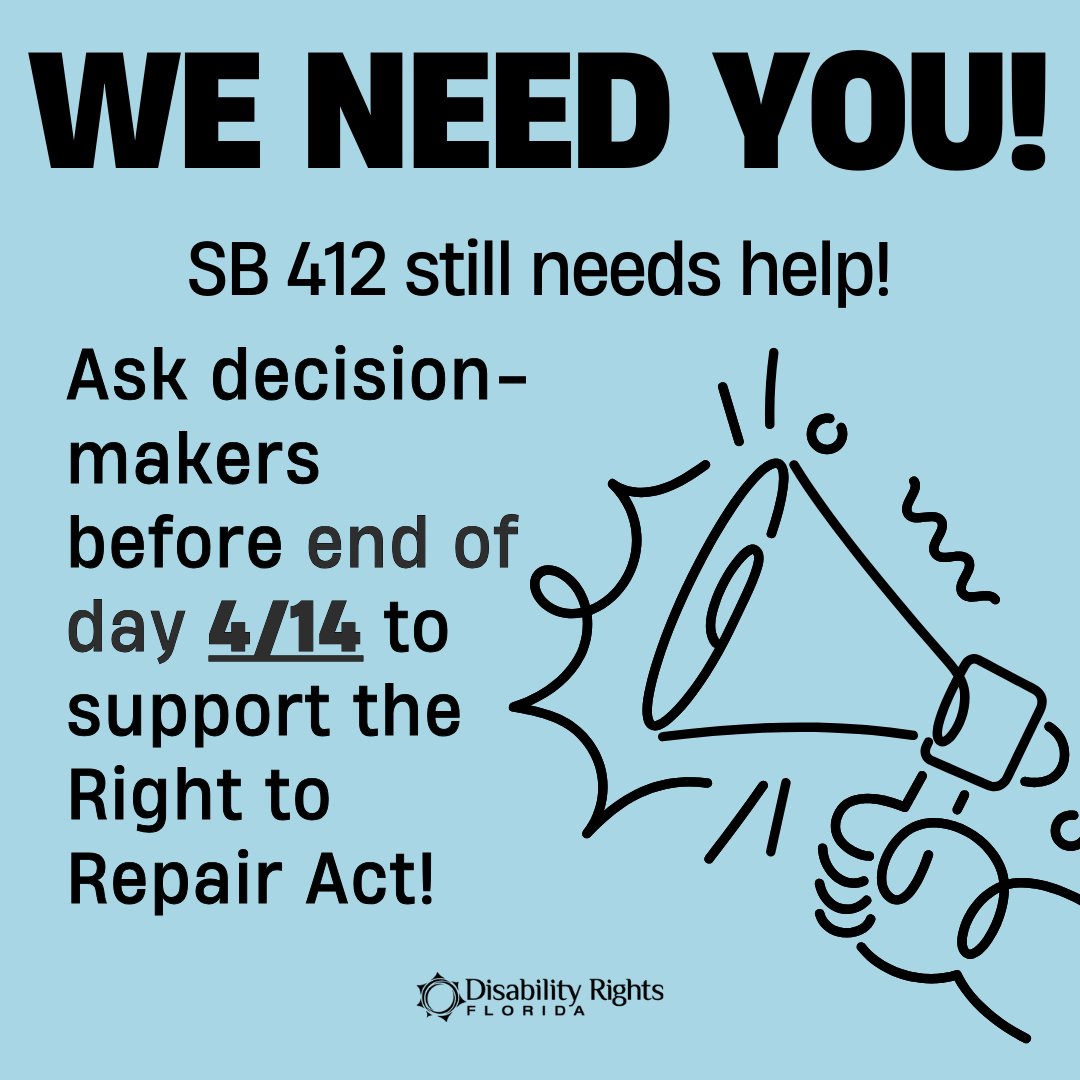 DisabilityRtsFL's tweet photo. SB 412 still needs help!
The #RightToRepair Act gives wheelchair users access to affordable, timely repairs.
✅ We have until April 14 to act.
Ask lawmakers: Support SB 412 before it's too late.
#DisabilityRights #AccessNow
📬 Sen. Jason Brodeur – brodeur.jason.web@flsenate.gov
📬 Sen. Joe Gruters – gruters.joe.web@flsenate.gov
#RightToRepair #DisabilityRights #MobilityMatters #TakeActionFL