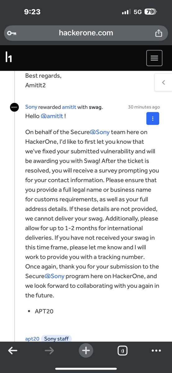 Amit Kumar🇮🇳 (@amitlt2) on Twitter photo Just received swag from <a href="/Sony/">Sony</a> via <a href="/Hacker0x01/">HackerOne</a> for a valid vulnerability report! Another step forward in my #BugBounty journey. Stay consistent, stay curious!
#InfoSec #BugBountyHunter #CyberSecurity #HackerOne #ResponsibleDisclosure #EthicalHacking #RedTeam #AppSec #BugBountyWin Just received swag from <a href="/Sony/">Sony</a> via <a href="/Hacker0x01/">HackerOne</a> for a valid vulnerability report! Another step forward in my #BugBounty journey. Stay consistent, stay curious!
#InfoSec #BugBountyHunter #CyberSecurity #HackerOne #ResponsibleDisclosure #EthicalHacking #RedTeam #AppSec #BugBountyWin