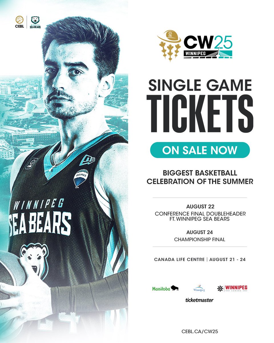 Get ready, Winnipeg‼️

#CW25 single game tickets are NOW AVAILABLE 🏀

Don’t miss the biggest celebration of Canadian basketball this summer at <a href="/CanadaLifeCtr/">Canada Life Centre</a> 🔥

🎟️: ticketmaster.ca/canadian-elite…

#PullUp | #CEBLSeasonVII