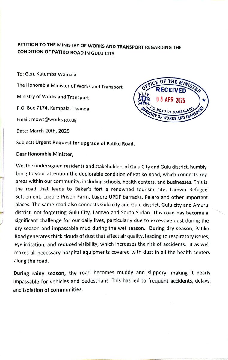 Today 08/04/2025 we managed to present our petition regarding patiiko road to General  <a href="/GenWamala/">General Edward Katumba Wamala</a> Minister of Works &amp;Transport. We look forward to have a follow-up engagement with him. <a href="/nbstv/">NBS Television</a> <a href="/CapitalFMUganda/">Capital FM Uganda</a> <a href="/BenOngomTweets/">BENSON ONGOM</a> <a href="/lucoromoi2026/">|𝗟𝘂𝗰𝗼𝗿𝗼𝗺𝗼𝗶🪐𝗦𝗽𝗮𝗰𝗲|</a> <a href="/RadioPacisGulu/">Radio Pacis Gulu-101.4fm</a> <a href="/Favourfm1/">Favour FM 104.1</a> <a href="/MegafmGulu/">Mega Fm Gulu</a>