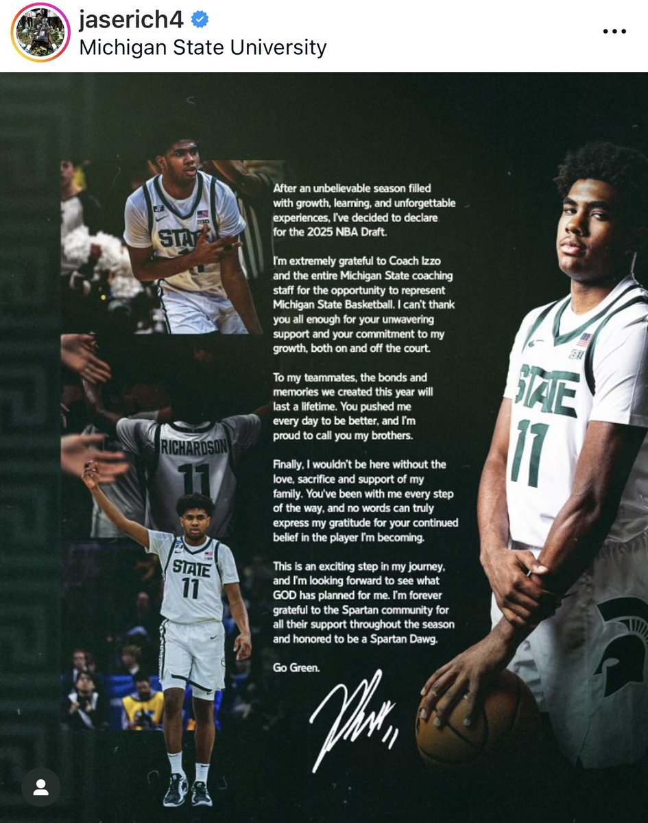 Michigan State’s Jase Richardson declares for the NBA Draft.