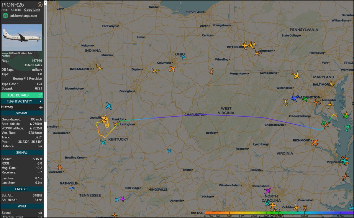 bryanrader's tweet photo. P-8A Poseidon #PIONR25 167956 AE4EB1 out of Patuxent taking in the Godman (Ft. Knox) and Ali International (Louisville) sights.  

#avgeek #planespotting https://t.co/ajl7yprbyU