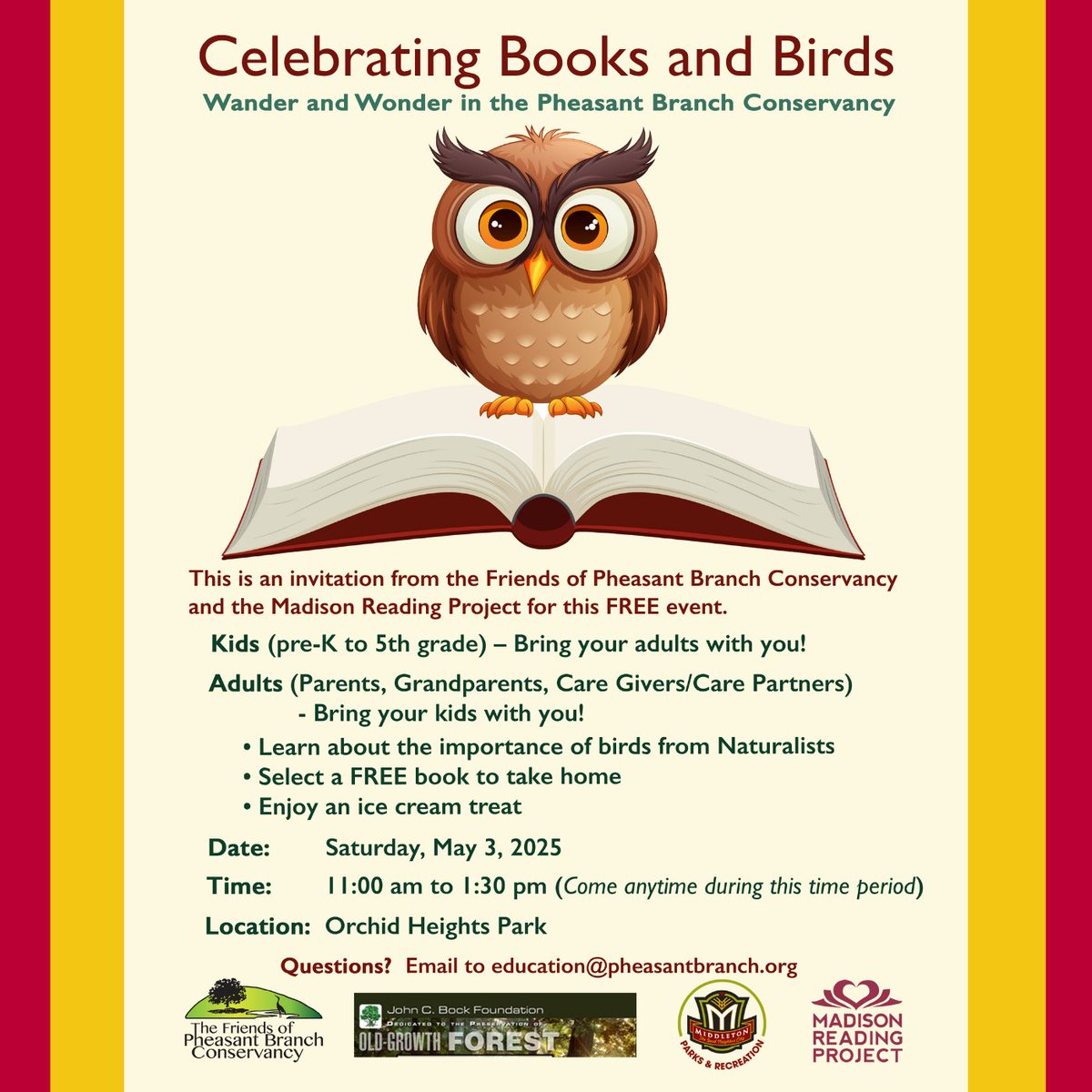 MSNReadingProj's tweet photo. 📖 Join Friends of Pheasant Branch Conservancy and MRP for Books and Birds on Saturday, May 3rd at 11am! 🍦 Will we see you there? 

#NewBookFeeling #LiteracyMatters #MadisonWI #EnvironmentalMatters https://t.co/XE7OtU59Ef