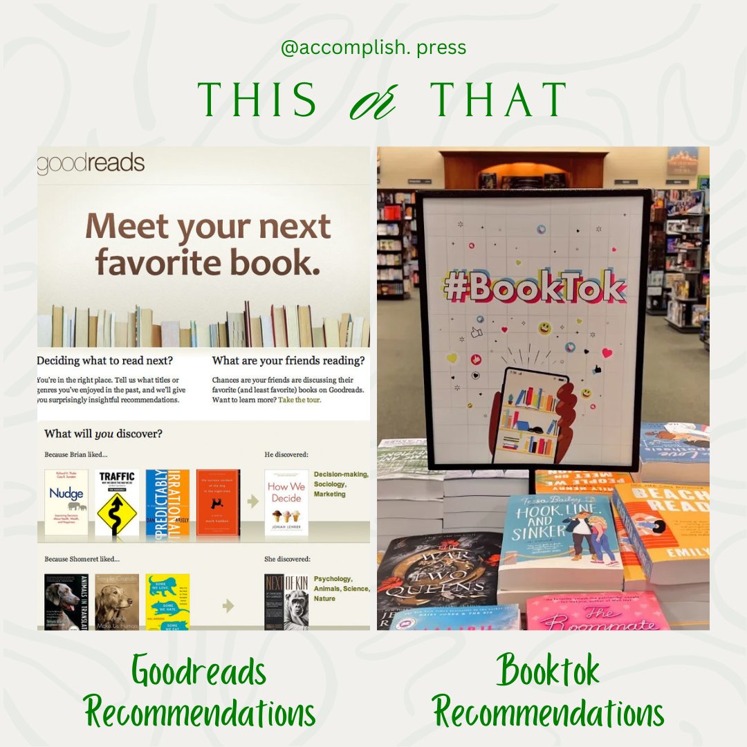 AccomplishPress's tweet image. Are you team Goodreads for trusted reviews and ratings, or do you swear by BookTok for viral book recommendations?

Drop your pick in the comments! ⬇️

#thisorthat #creativewritingcourse #creativewritingacademy #indieauthor #selfpublishing #accomplishpress #writewithtolulope