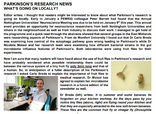 NeuroResilience's tweet photo. This month #PEMRIG (@ParkinsonsUK East Midlands Research Interest Group) newsletter highlights @CarloBreda1 research on Parkinson's Disease using the fruit fly (Drosophila melanogaster 🪰) as model at @dmuleicester. #Neuroresilience #DMUResearch https://t.co/9Qf3orNOfi