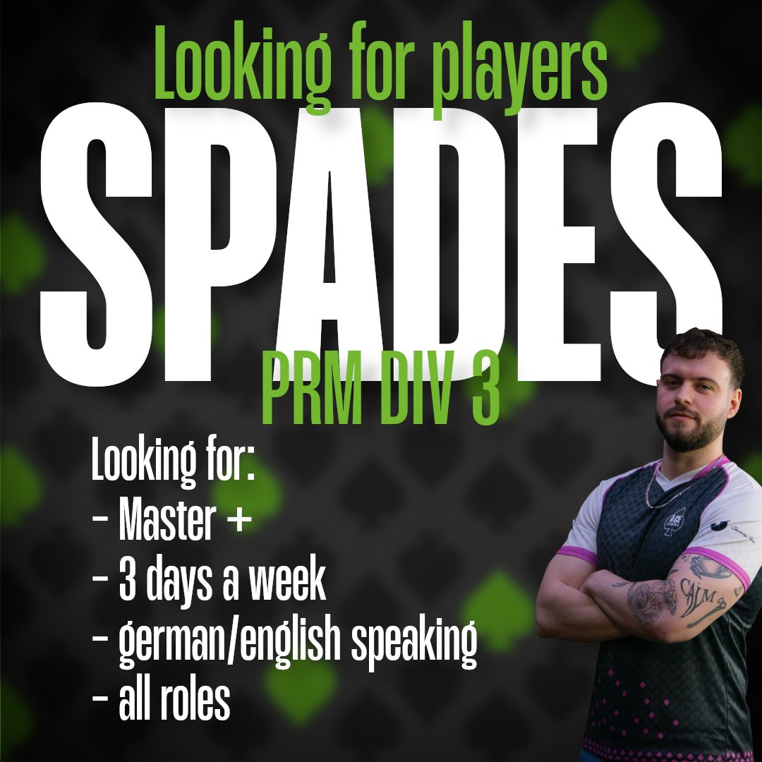 ♠️LOOKING FOR NEW PLAYERS💚

We are looking for new players for our Spades roster.

If you fit the criteria please check the comments for the application formular. 

If you have any questions please reach out to <a href="/ThatShuffleBee/">ShuffleBee</a> or <a href="/Beanilol/">Beani</a>.

RT = 💚