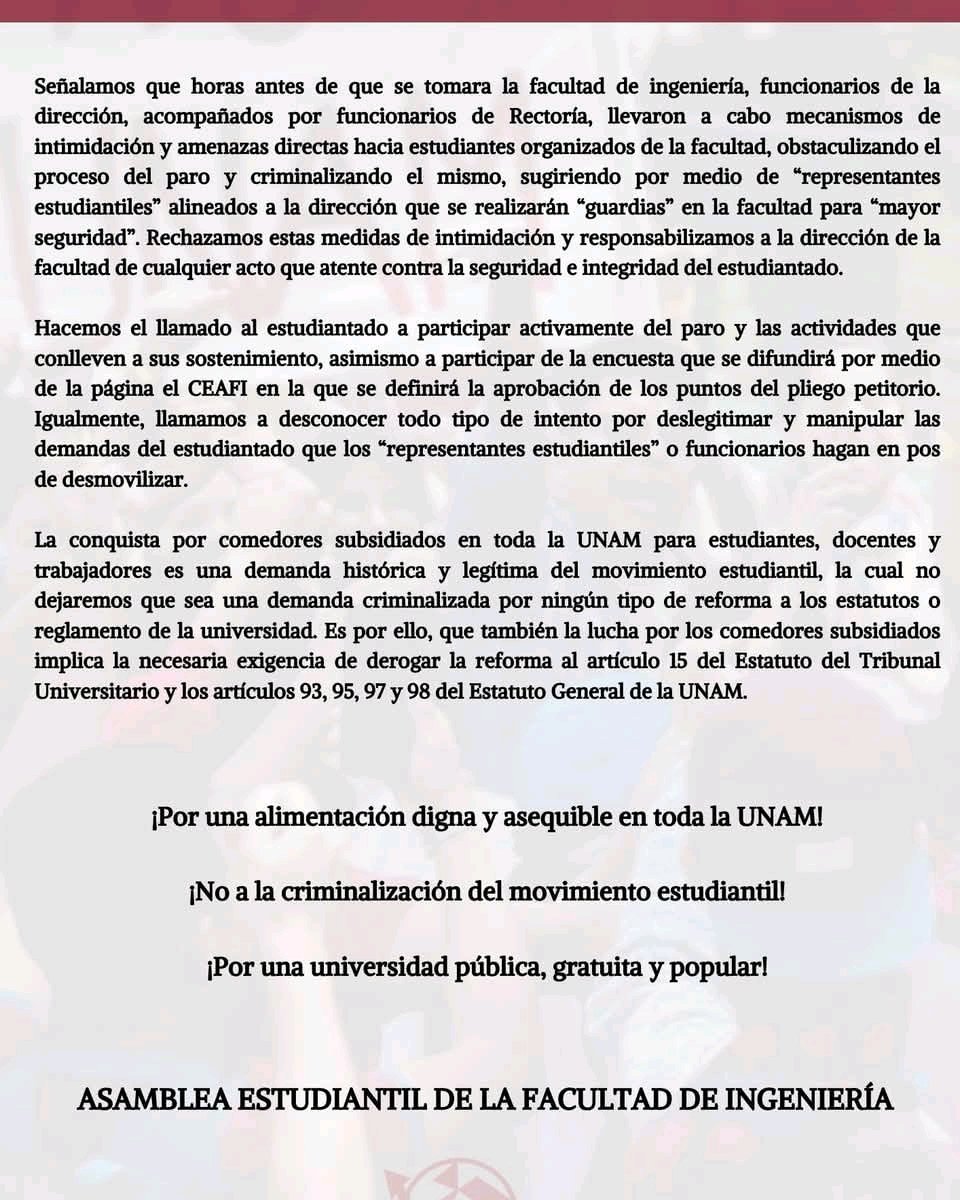 FAE_UNAM's tweet photo. ⚠️Facultad de ingeniería entra en paro⚠️ #FI #UNAM

Se piden comedores subsidiados y la derogación del artículo 15 de los estatutos universitarios, entre otros. 

Lee las demandas completas en el comunicado 👇 https://t.co/Edj4nBCIDY