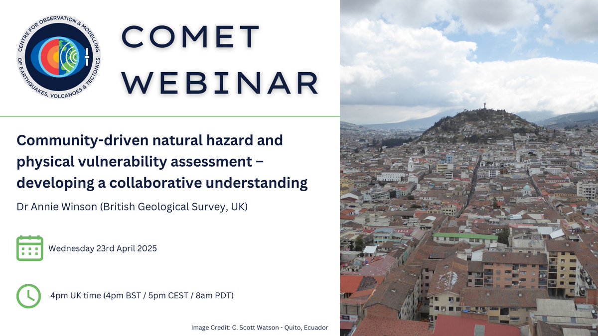 UK COMET (@nerc_comet) on Twitter photo Join us for the next COMET webinar featuring Dr Annie Winson <a href="/winsonannie/">Annie Winson</a> <a href="/BritGeoSurvey/">British Geological Survey</a>
Community-driven natural hazard and physical vulnerability assessment – developing a collaborative understanding
Wednesday 23rd April, 4pm UK time
Register at: ukri.zoom.us/webinar/regist… Join us for the next COMET webinar featuring Dr Annie Winson <a href="/winsonannie/">Annie Winson</a> <a href="/BritGeoSurvey/">British Geological Survey</a>
Community-driven natural hazard and physical vulnerability assessment – developing a collaborative understanding
Wednesday 23rd April, 4pm UK time
Register at: ukri.zoom.us/webinar/regist…