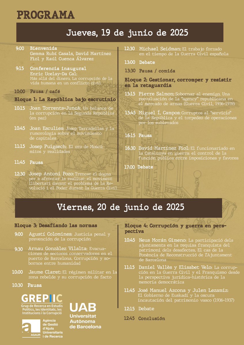 GREPIIC's tweet photo. La guerra trastoca l'ordre establert, també en allò ètic i moral. Com es va manifestar, doncs, la corrupció durant la Guerra Civil?

En parlarem al col·loqui "Corrupción y guerra. ¿Un binomio inseparable? España, 1936-1939"

🗓️19-20/06/2025
📍Sala Tarot de Quinze @uablletres 

👇 https://t.co/b55Dpo9uxx