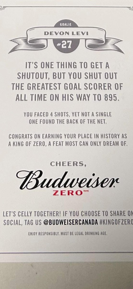 2Goalies1Mic's tweet photo. Devon Levi received a special gift from Budweiser to congratulate him on being one of the few #KingsofZero.
Levi has never given up a goal to Alexander Ovechkin, facing him once in his career, stopping all 4 shots.
📸 per @etayaclevi https://t.co/8kLNBCUcFt